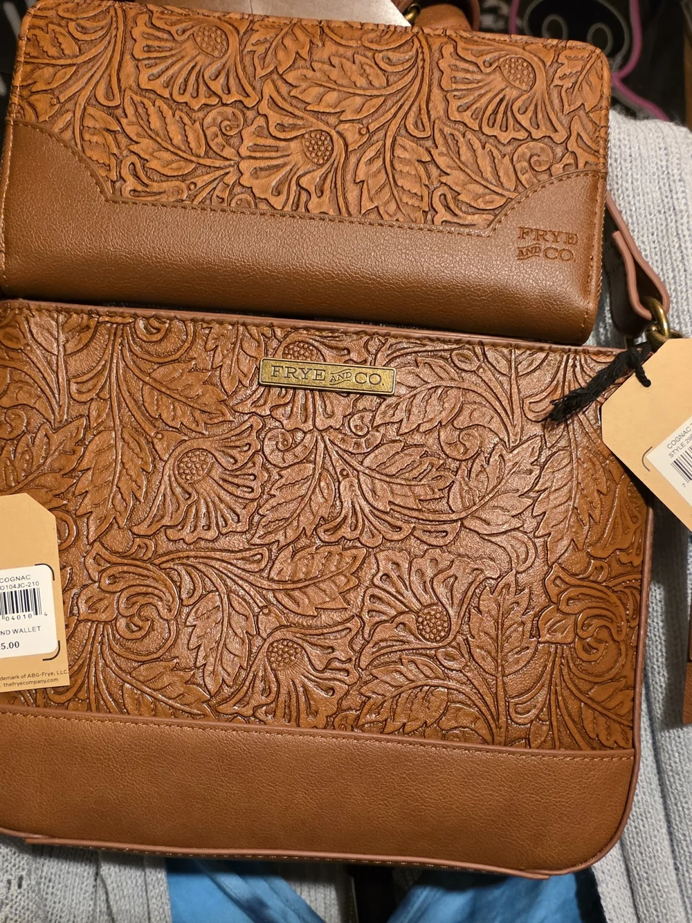 Frye & Co Embossed Floral Leather Crossbody And Matching Wallet - Cognac